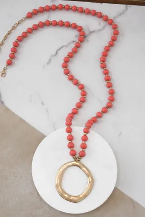 Long Wooden Bead Necklace with gold circle - Coral Red Orange